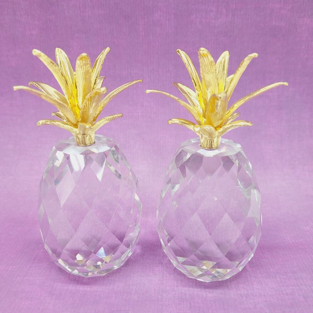 Handmade Faceted Clear Crystal Pinapples w/ Gold Gilt Leaves Set of 2 Heavy 4.5"